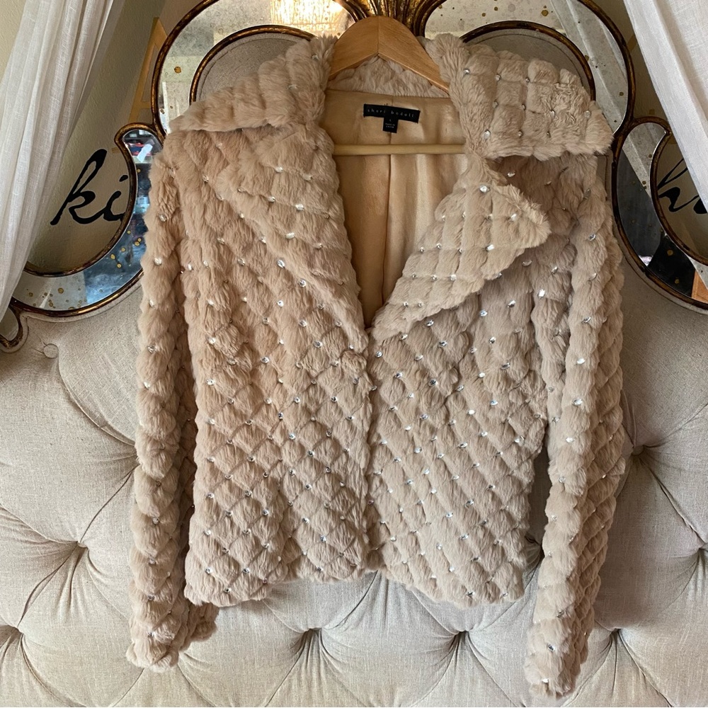 Sheri Bodell Beige Rabbit Fur Coat with Crystal Embellishment